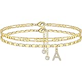 Ankle Bracelets for Women, 14K Gold Plated Dainty Layered Figaro Chain CZ initial Anklets Set Summer Jewelry Gifts for Women 