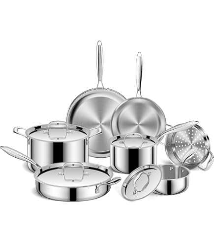 EWFEN Stainless Steel Cookware Set, 3 Ply 17 Piece Stainless Steel