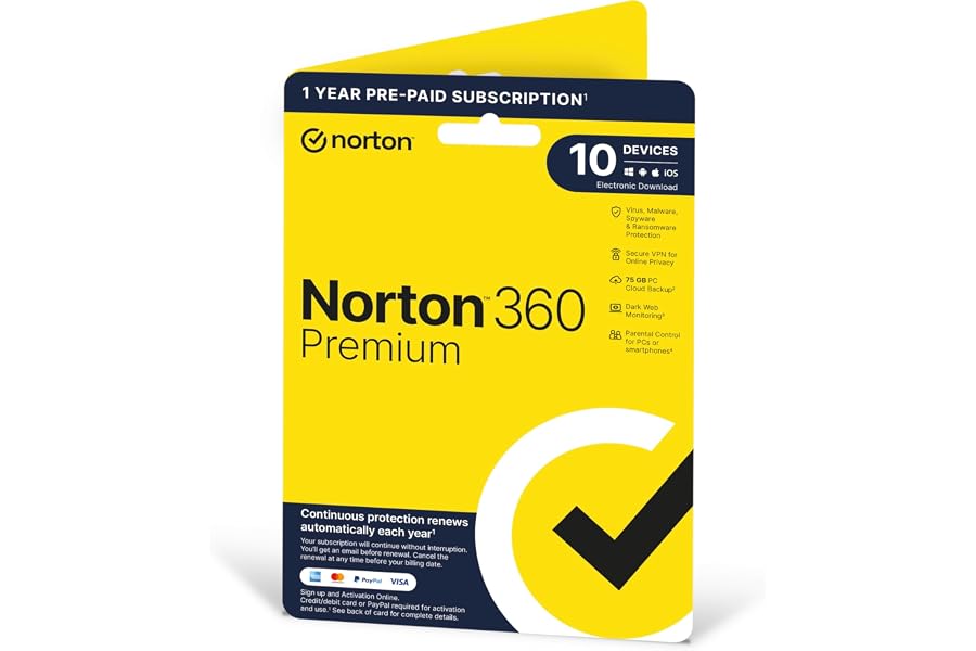 Norton 360 Premium 2022 10 Devices 1 Year with Automatic Renewal Includes Secure VPN Password Manager - PCs, Mac, Smartphones