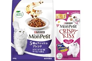 【おまけ付き】モンプチ キャットフード ドライ バッグ 5種のフィッシュブレンド(まぐろ・かつお・鯛・サーモン・小魚味) 600g + クリスピーキッス シーフードセレクト おやつ 30g【Amazon.co.jp限定】