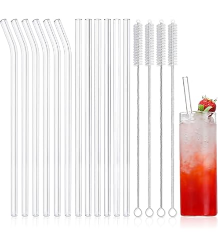 RAFIYU Replacement Glass Straws 31cm Long For Stanley 40oz Adventure Tumbler Water Bottle, 6 Pack Reusable Glass Straws Set With 2Pcs Cleaning Brush, Stanley Cup Accessories (6 Bent