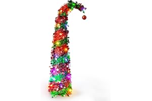 1.5メートルの傾きクリスマスツリー 曲線デザインの風人工 5メートルのカラーLEDライトストリングと赤いボール装飾付き、2種類の照明モード、人工松の木に円形のラメ装飾、クリスマス装飾品