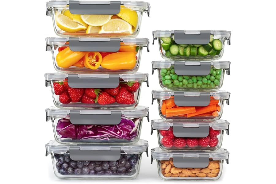 GOOD FOR YOU Glass Food Storage Containers 10 Pack Lids Meal Prep Lunch Box | Airtight leakproof snap-lock lids, borosilicate