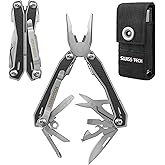 SWISS+TECH 多機能ペンチ アウトドアマルチツール サバイバルツール 16-in-1 ラジオペンチ プライヤー ワイヤーカッター ノコギリ 栓抜き ドライバー ハサミ 吊り穴 ヤスリ ロック機能搭載 バネ付きキャンプ 釣り 登山 防災用品