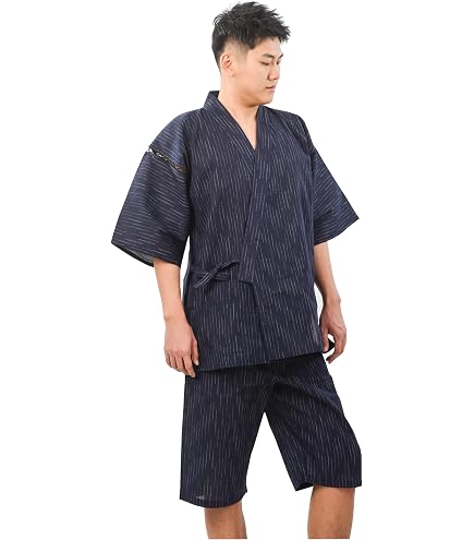 Amazon.co.jp: 甚平 麻 綿 くすみ ブルー 水色 夏 祭り 花火 L 浴衣