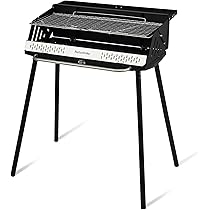 BBQコンロ 焼き網 温度計 サイドテーブル キャスター 煙突付き Black