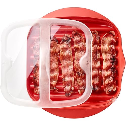 Microwave Bacon Rack, Microwave Meat Rack Grooved Cooking Tray with Splatter Lid, Quick and with No Mess, Bacon Cooker Maker 