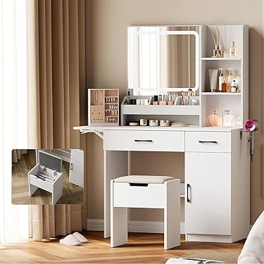 ドレッサー 化粧台 ドレッサーセット 3色調節 鏡台 LEDミラー　WHITE Amazon｜ドレッサー 化粧台 、ミラーとライト付き、引き出し 4