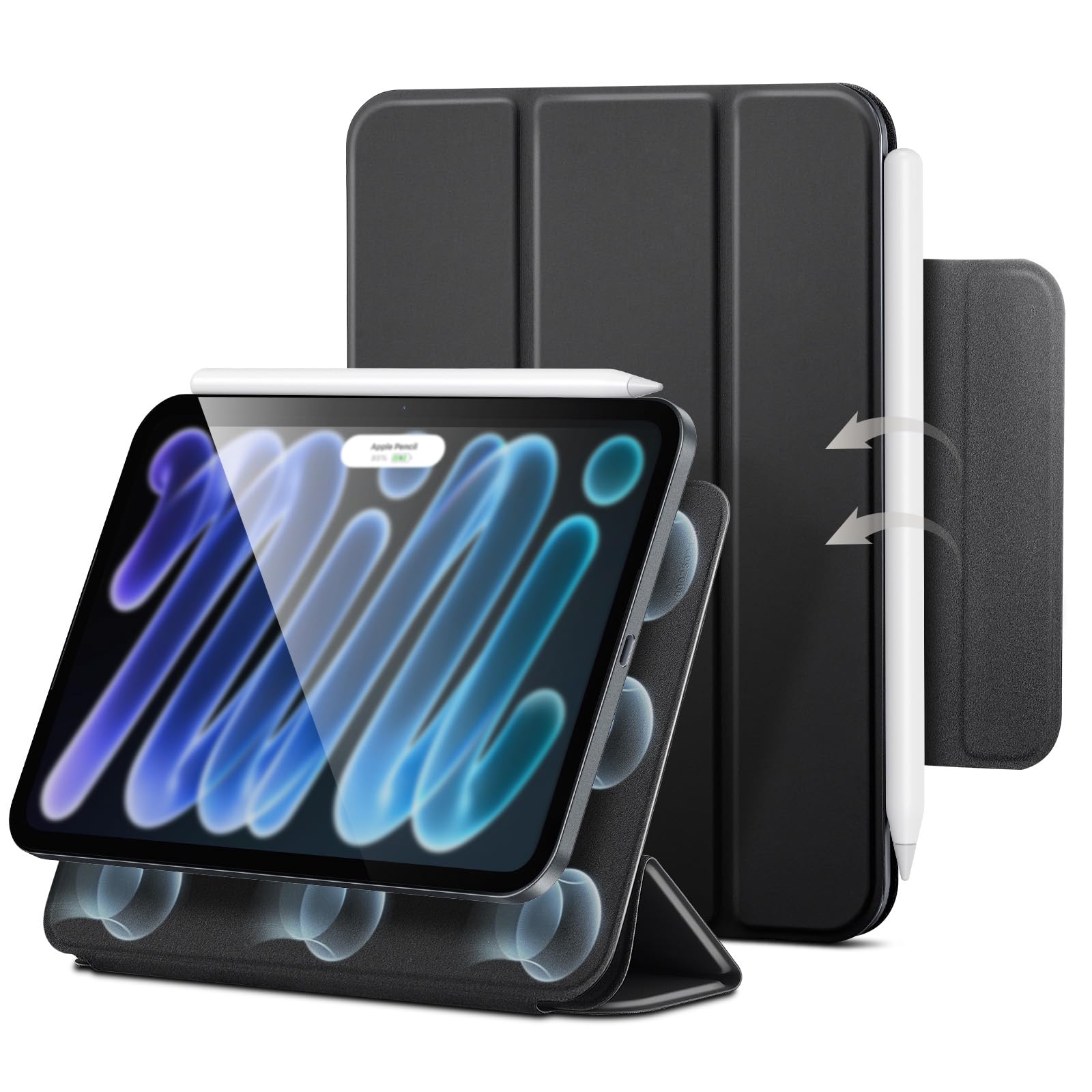 ESR iPad mini 8 ケース (A20 Pro, 2026) 対応 マグネット吸着式 三つ折り2WAYスタンド 薄型軽量 ブラック | ipad mini カバー 8.5インチ マグネットクラスプ付き Pencil Pro/第2世代/USB