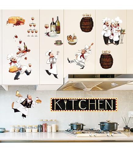 Wondever Italian Chef Kitchen Wall Stickers - Peel & Stick Decals For Dining Room, Restaurant, Home Decor (4 Sheets)