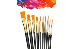 LIKENNY 画材筆 ペイントブラシ 10本セット 油絵筆 水彩筆 絵筆 アクリル絵の具 平型筆 丸筆 ナイロンの毛 画筆 短毛筆 大人&子供用 (ブラック)