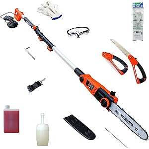 【“2020年最新型” YARD FORCE 高枝切り電動チェーンソー Vmax 「ES N25A-JP」25cm径太高枝切断・100V電源コード仕様】 +「保護メガネ(切かす対策)・軍手・チェーンソーオイル・ OREGON 純正丸ヤスリ・ノコギリ・結束ロープ付(高枝落下方向対策処理用)」 ヤードフォース 【Prostar/Pack4】