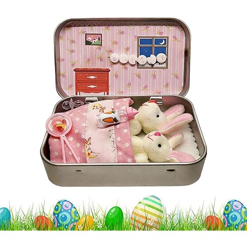 Cute Rabbit In Tin Box, Little Pocket Bunny Decorative Boxes, Easter Basket Stuffers For Kids, Mini Bunny In Box For Home Hol