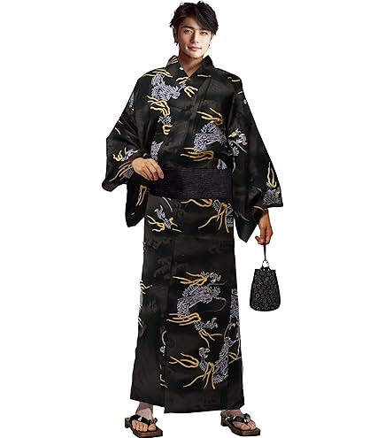 Amazon.co.jp: 浴衣 綿麻 粋な夏着物 菊柄 黒 半幅帯 カラシ 2点