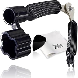 Phoenix ストリングワインダー アコースティックギター 弦 メンテナンス ( ペグ回し ブリッジピン抜き ニッパー ) お手入れ用ファイバークロス/ピック/メーカー長期保証書Black(ブラック)