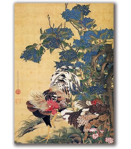 Amazon.co.jp: 【若冲 鳳凰 旭日】【動植綵絵額】群鶏・白鳳・鶏□伊藤