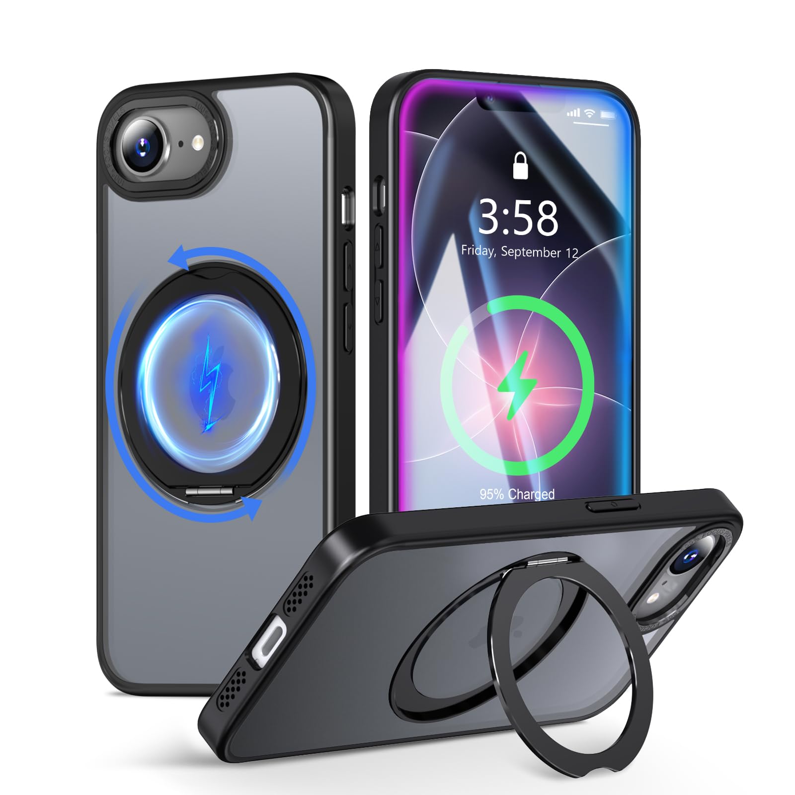 MINIKA iPhone 16e/17e 用 ケース Magsafe対応 360度回転 スタンド付き 多機能 スマホケース【ブラック】 | いPhone17e/16e ケース あいふおん 17e アイフォン 16e 携帯カバー 最大25Wの高速充電