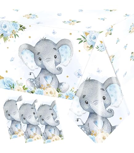 6 Pack Elephant Baby Shower Tablecloths - Blue, 54x108 Inch Plastic Table Covers, Gender Reveal