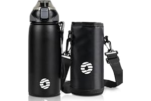 FJbottle 水筒 600ml 真空断熱 マグボトル(ストラップ付き) ワンタッチ 保温 保冷 洗いやすい 広口 ステンレスボトル 水筒カバー 洗浄用スポンジ付き 女の子 男の子 おしゃれ 大人 子供 ブラック