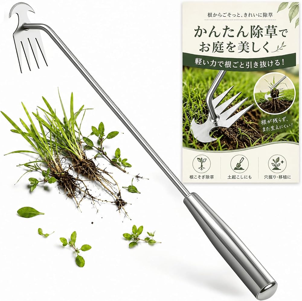 草取り道具 4本爪 根こそぎ抜ける手動草取りツール 雑草取り器具 草むしり 草抜き 除草ツール ステンレス製 草取りレーキ 土ほぐし 園芸用品 家庭菜園 庭 花壇 畑作業 50cm