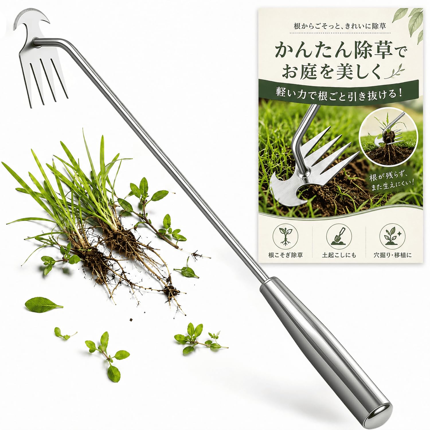 草取り道具 4本爪 根こそぎ抜ける手動草取りツール 雑草取り器具 草むしり 草抜き 除草ツール ステンレス製 草取りレーキ 土ほぐし 園芸用品 家庭菜園 庭 花壇 畑作業 50cm