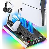 Rysker PS5 Stand for PS5 Slim Disc/PS5 Disc & Digital, 3-Level Cooling Station and RGB LED with Controller Charger for PS5 & 