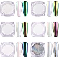 AIMEILI 6 Boxes Nail Art Manicure Powder Set, 1×0.5g Holographic Powder, 5×0.5g Chrome Nail Powder