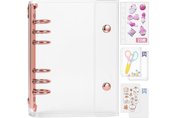 GOKEI A6サイズ 透明バインダー シール手帳 ミニ 【バインダー×1個 リフィル×20枚 チャック付きポケット×2枚 下敷き×2枚】プリ帳 カードスリーブ はがせる ポケットサイズ 女の子 ローズゴールド