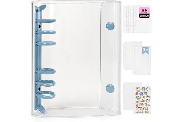 GOKEI A6サイズ 透明バインダー シール手帳 ミニ 【バインダー×1個 リフィル×20枚 チャック付きポケット×2枚 下敷き×2枚】プリ帳 カードスリーブ はがせる ポケットサイズ 女の子 スモーキーブルー