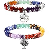 Top Plaza 7 Chakra Reiki Healing Bracelet Real Stones Yoga Meditation Mala Bead Elastic Bracelets For Women, Silver Alloy Tre