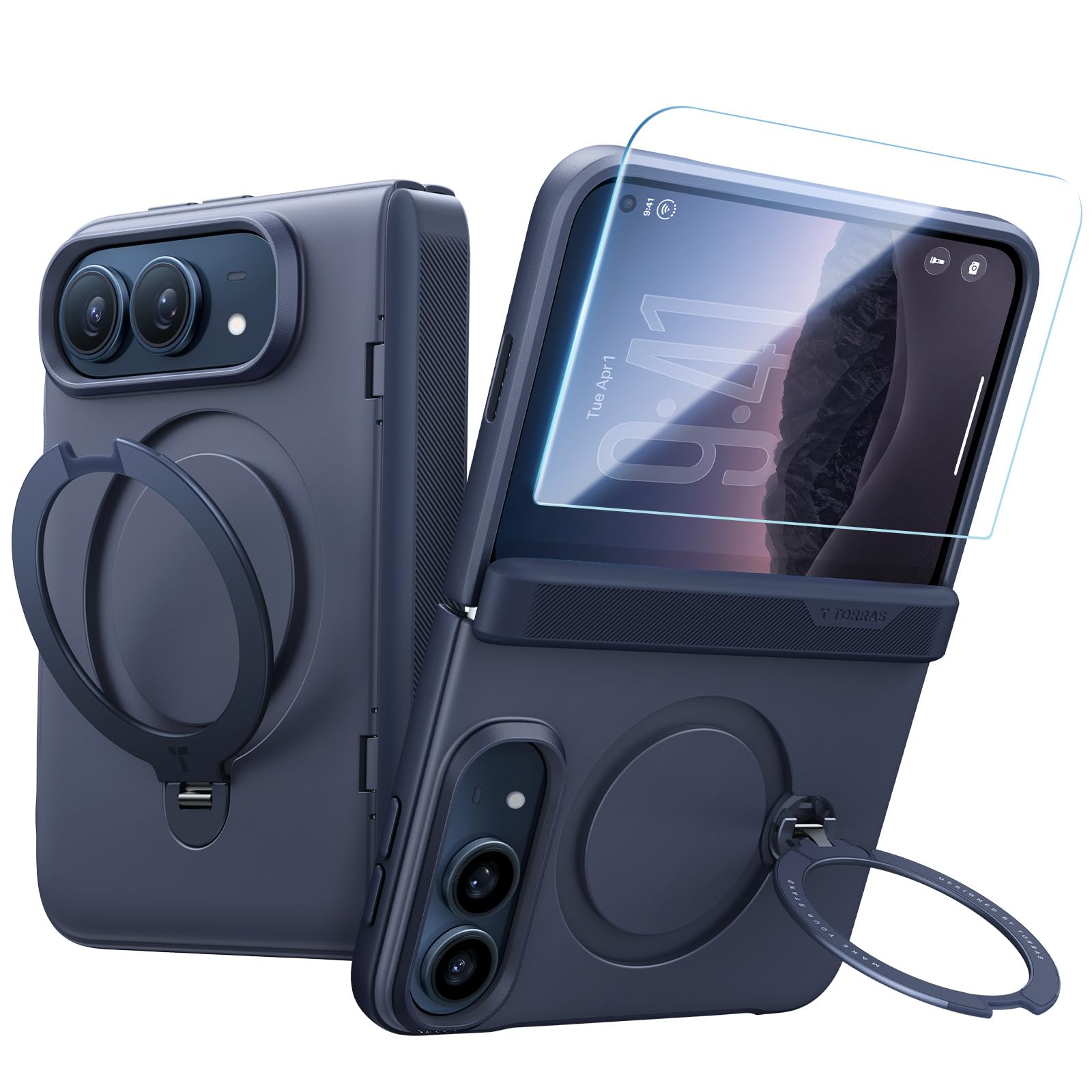 TORRAS iPhone Duo 用ケース【360°ゼンマイ式スタンド・ガラスフィルム 1 枚付属】リング 3倍超絶保護力 Magsafe対応 | 縦横両対応スタンド 18N 強磁力 Qi2.2 25W 高速充電対応 航空宇宙強化ガラス 10H 米