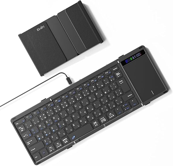 【最新型】Ewin キーボード ワイヤレス 折りたたみ bluetooth 無線と有線両対応 表示スクリーン&ヒンジロック搭載 JIS日本語配列 iOS/Windows/Android/Mac対応 ipad mac タブレット パソコン surface スマホ用 マルチペアリング 4台端末切替可 タッチパッド付き コンパクト 薄型 軽量 フルサイズ パンタグラフ 静音 充電式 ブラック - 1