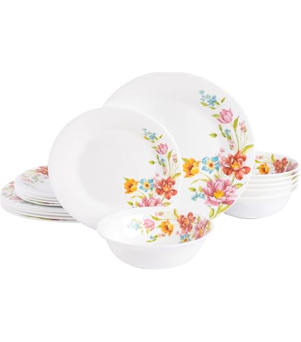 Service De Table Florine 26 Pièces Arcopal - Vaisselle Verre Trempé 6 Personnes, Motif Fleurs