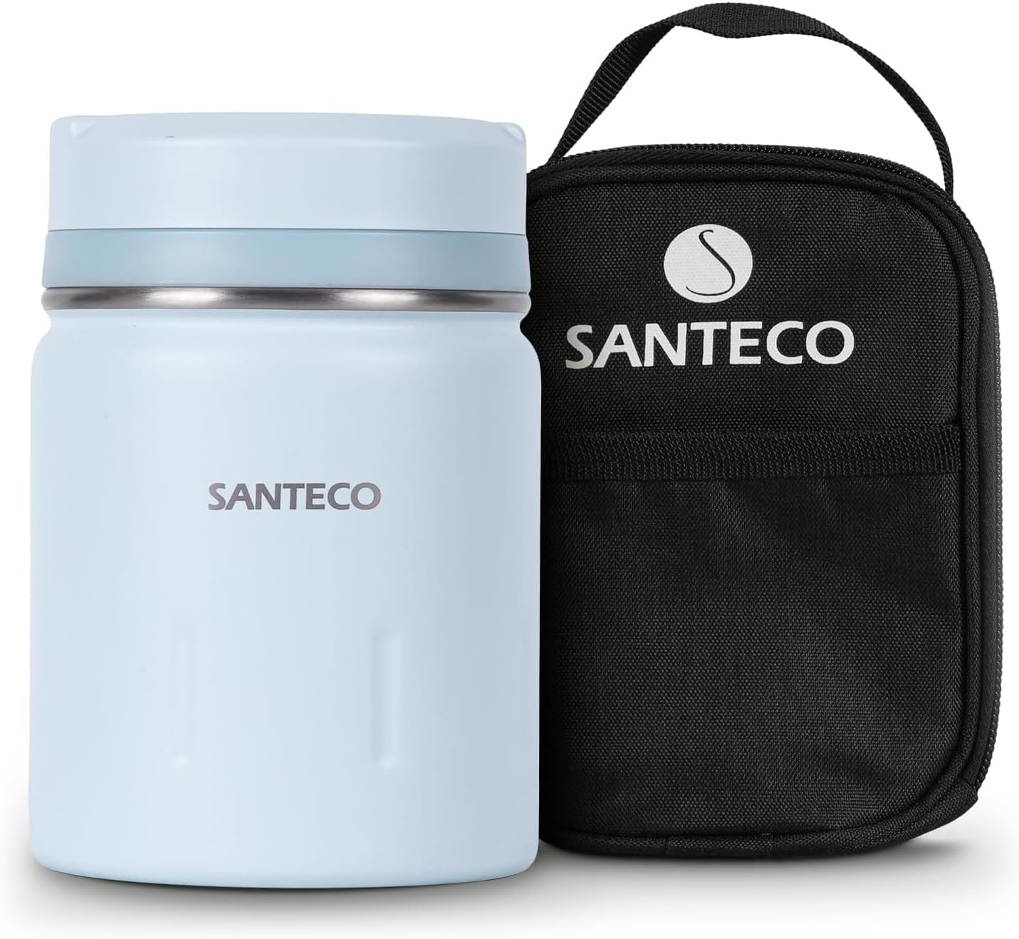 SANTECO 真空断熱 スープジャー 500ml 広口 保温保冷 ランチジャー保温弁当箱 スプーン 専用バッグ付 オシャレ 男女兼用 ピクニック 部活用 ライトブルー