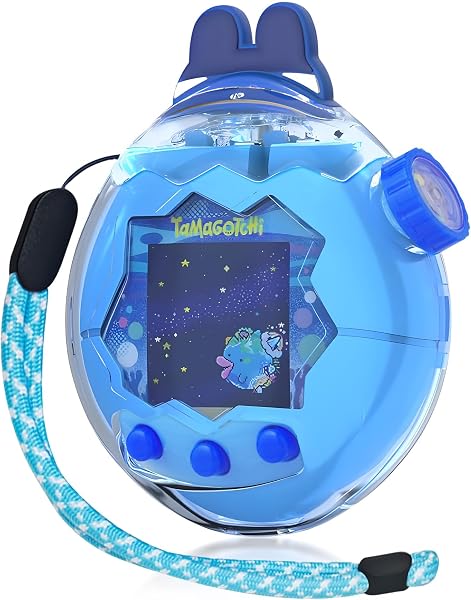 Newzerol【新登場】Tamagotchi Paradise保護ケース 交換用キャップ 通信に対応 たまごっちパラダイスケース PC素材 衝撃吸収 耐久性 すり傷防止 全周囲保護 ストラップ付き 紛失防止(まめっち耳/クリアブルー) - 1