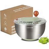 Lunememo Stainless Steel Salad Spinner, Lettuce Spinner with Drain, Non-Slip Base, Stop Button, Vegetable Dryer, BPA Free, 5L
