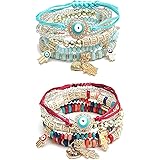 Bohemian Stretch Beads Bracelets Multilayer Evil Eye Hamsa Hand Bracelet Boho Charms Stretch Stackable Bracelet Handmade Mult