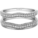 TwoBirch Sterling Silver Contour Ring Guard Millgrained Edges and Filigree Cut Out Design CZ (0.48 ct. tw.)