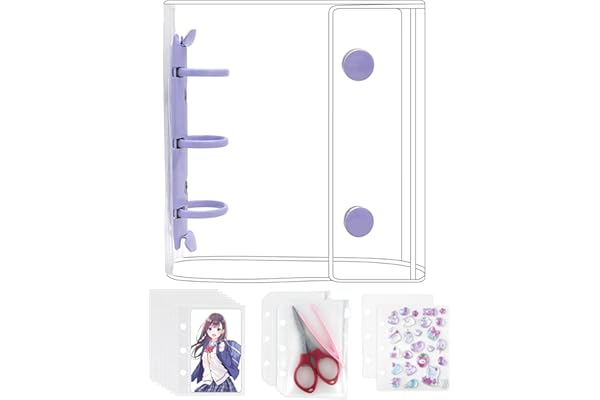 GOKEI シール帳 プラバン 透明 A8 ミニ バインダー 【リフィル×20枚 チャック付きボケット×2枚 下敷き×2枚】 PPシート カードポケット シール台紙 手帳 プリ帳 カードスリーブ 透明シール帳 はがせる バインダー型ノート 女の子 コラージュノート パープル