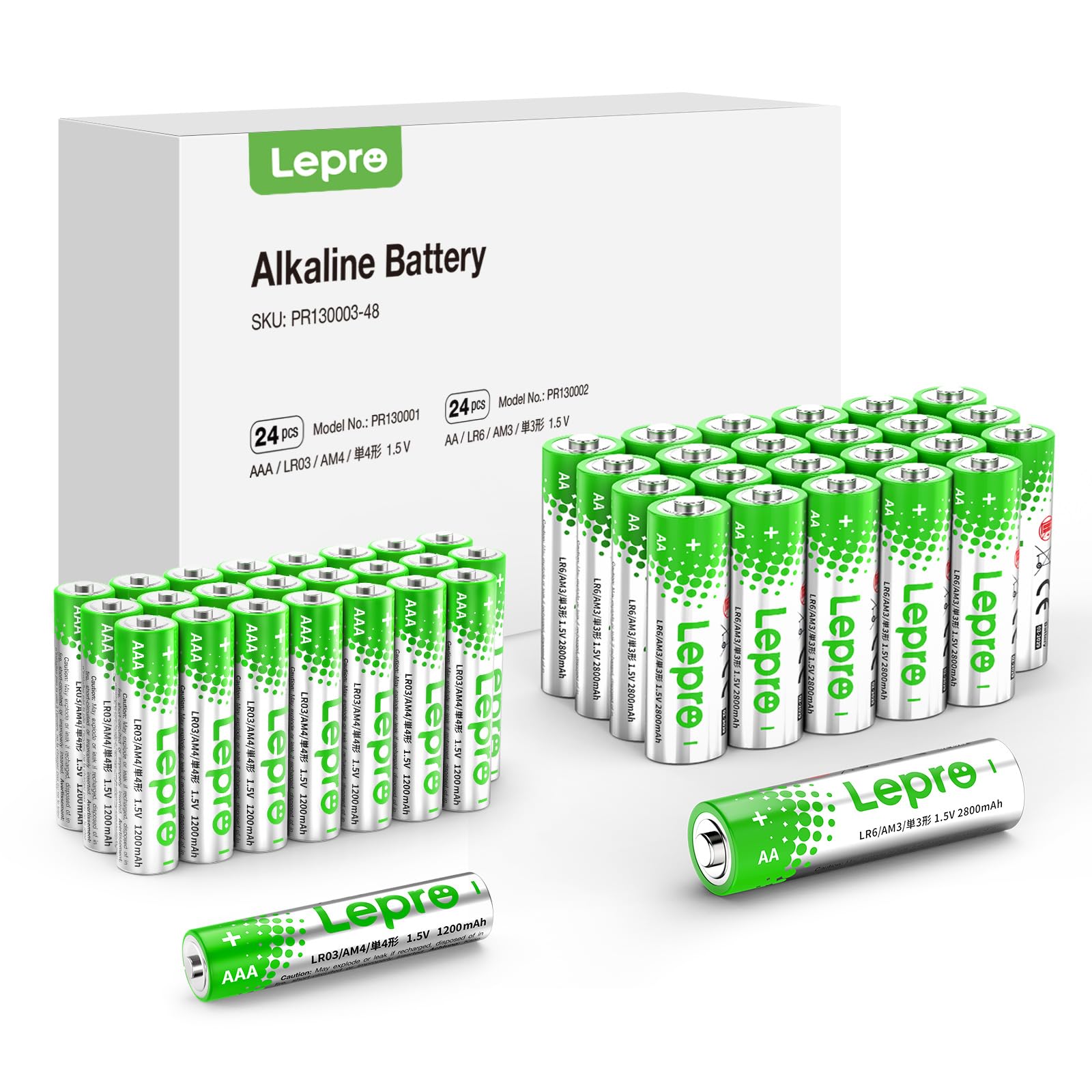 Lepro アルカリ乾電池 48本セット(単3形24本+単4形24本) ハイパワー 1.5V 2800mAh大容量 液漏れ防止 耐久 長持ち 長期間保存可能 乾電池式モバイルバッテリー おもちゃ 電池式ランタン 懐中電灯 時計 リモコン 携帯ラジオ