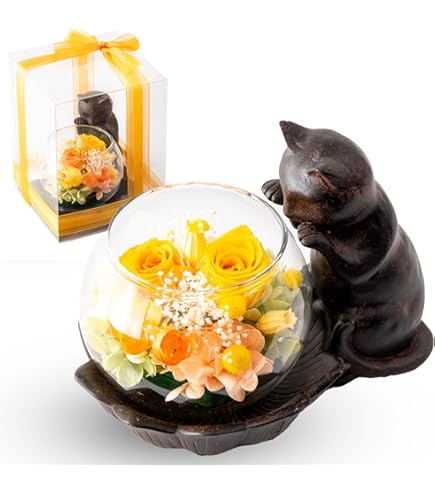 プリザーブドフラワーガラスドーム ハート黒ネコ プリザーブドフラワー