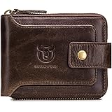 BULLCAPTAIN Genuine Leather RFID Wallet for Men Large Capacity ID Window Card Case with Zip Coin Pocket QB-231, Coffee, Small