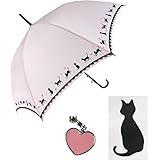 オカモト原宿店 雨傘 ジャンプ傘 ネコ柄 (8本骨) かわいい おしゃれ 長傘 黒猫 (60cm / 軽量/ハートのチャーム付) レディース プレゼント