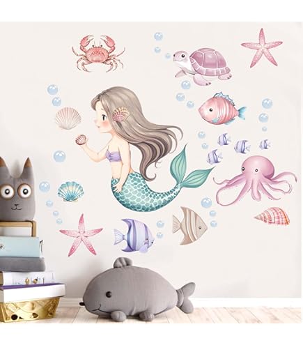 Yovkky Baby Girls Mermaid Wall Decals - Under The Sea Ocean Creature Stickers, Glitter Nursery Room Decor, Peel & Stick