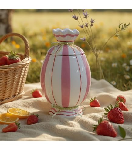 Vasetto In Ceramica Villa D'Este Home Tivoli 2022 - Capacità 160 Ml, Coperchio A Forma Di Peperoncino, Decorazione A Righe Bianche E Verdi
