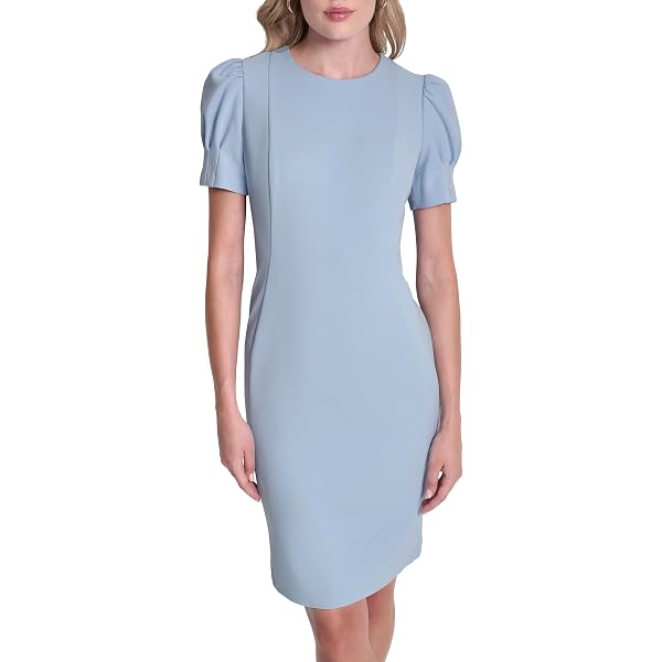 DKNY Women's Short Sleeve Jewel Neck Sheath Dress, Marine, 8P Fashion