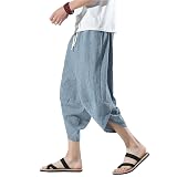 [Fasshonrida] サルエルパンツ メンズ アラジンパンツ 夏用 ズボン 7分丈 ワイドパンツ 大きいサイズ ゆったり ボトムス イージー ぱんつ 涼しい リネン クロップド エスニック 袴 カジュアル 春 夏 blue L