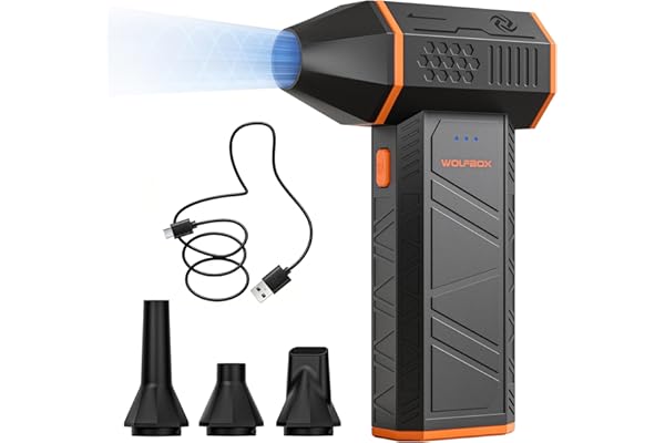 WOLFBOX エアダスター 電動 強力ブロワー 洗車 最大風速75m/s以上 204ｇ超軽量 11万回転【2026最新・水シミ予防】5000mAh大容量 240分連続稼働 4種ノズル付き 3段階調整 USB充電式 一台多役 年寄りも簡単に使える PC掃除/キャンプ/空気入れ 2年保証 日本語保証書付 (ブラック/日常最適)