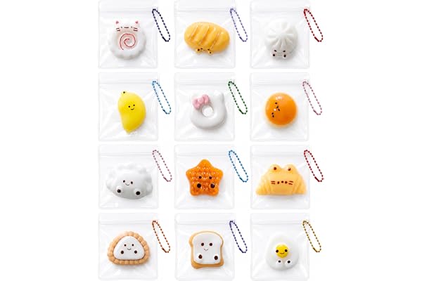 CHALAN ミニ スクイーズ キーホルダー 12個セット ぷにぷに チャーム もちもち 水感 ボールチェーン付き 暇つぶし 癒しグッズ 握る玩具 ストレス解消 面白い 感覚玩具 おもちゃ 柔らかい 弾性 触感いい 子供 大人 プレゼント ギフト A 食べ物セット (全12種)