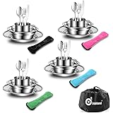 Odoland 25pcs Stainless Steel Utensils Camping Tableware Kit with Plates Cups Forks Spoons and Knives for 4, Cutlery Flatware